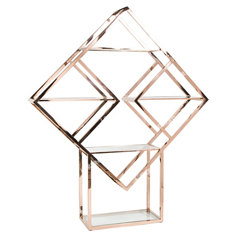 Luxury gold plated stainless steel frame rhombus wine rack glass top bar shelf